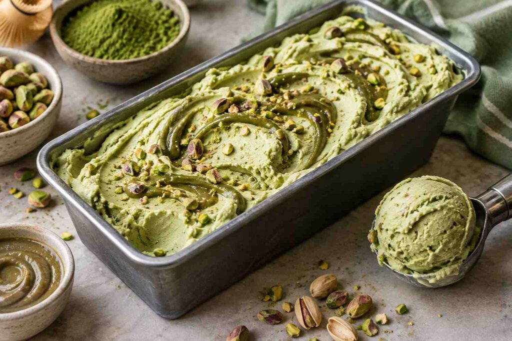 Homemade matcha pistachio ice creame by flavourful cuisine