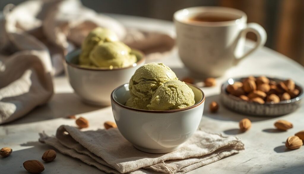 Serving Matcha pistachio ice creame by flavourful cuisine