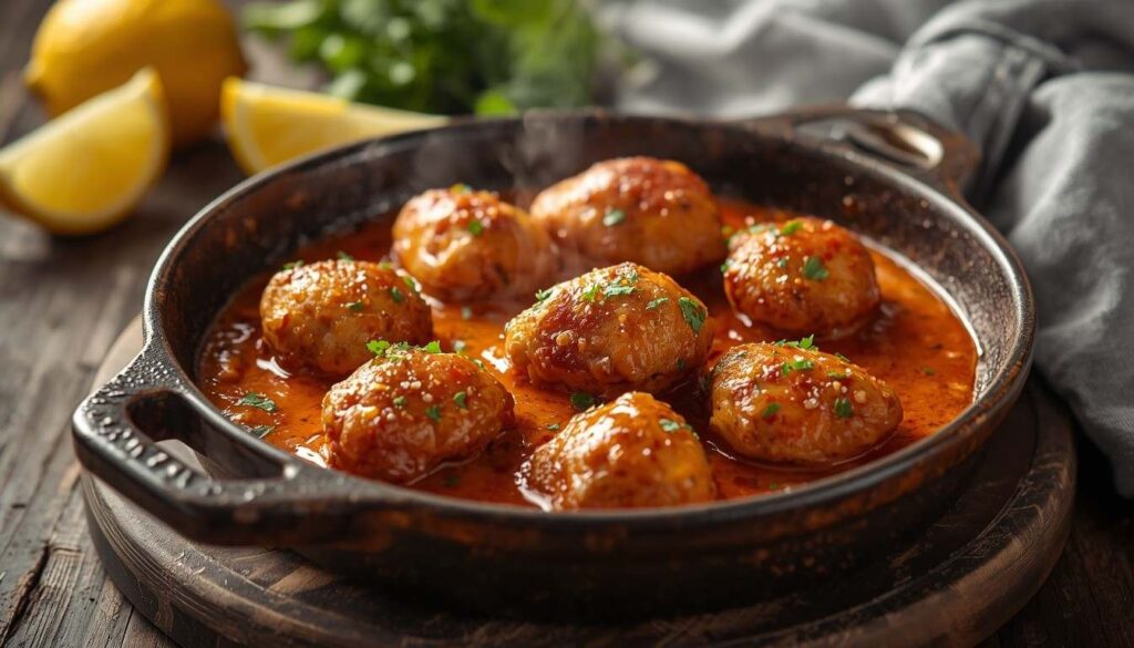 creamy peri peri chicken bites in a skillet with lemons and chilies.