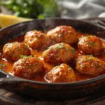 creamy peri peri chicken bites in a skillet with lemons and chilies.