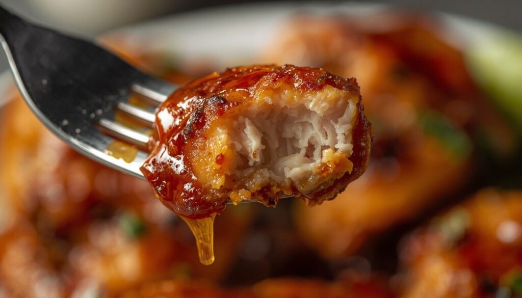 juicy creamy peri peri chicken bite on a fork
